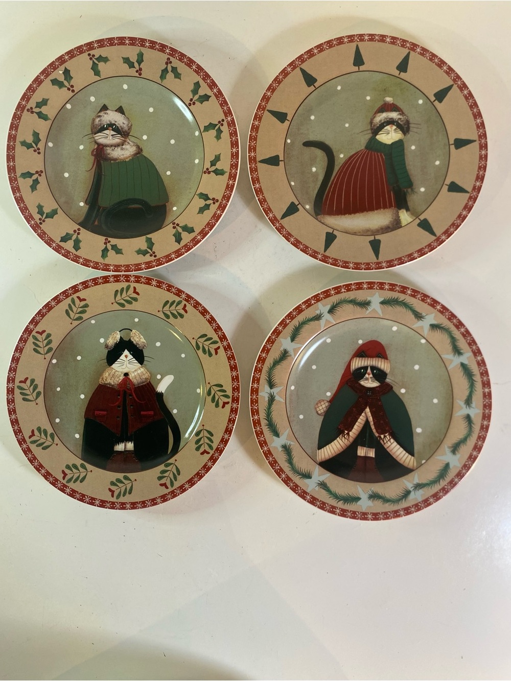 Holiday Cats Fiddlesticks Sakura Set Of 4 Stoneware 8” Salad/Dessert Plates